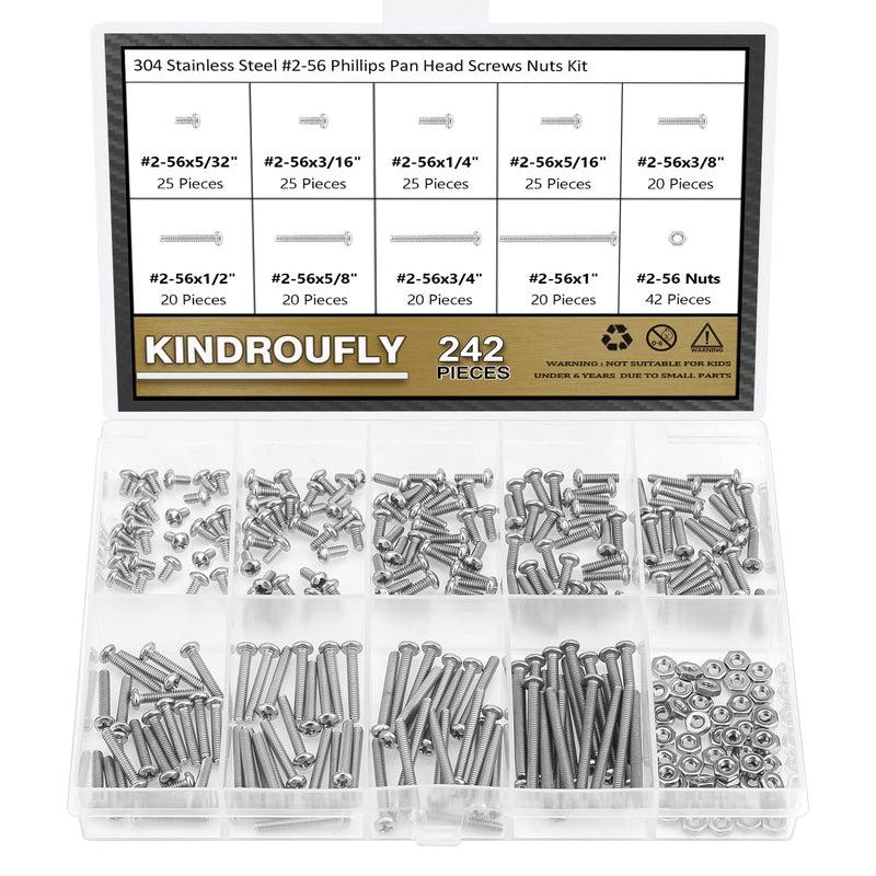 [Australia - AusPower] - 242 Pieces #2-56x 5/32", 3/16", 1/4", 5/16", 3/8", 1/2", 5/8", 3/4", 1", Phillips Pan Head Machine Screws Nuts Assortment Kit, 304 Stainless Steel, Fully Machine Thread #2-56 