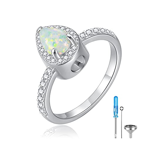 MANBU Sterling Silver Teardrop Opal Urn Ring for Ashes for Women Size 6