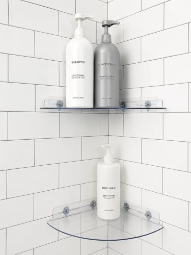 Bakzon Acrylic Corner Shelf 2 Pack, Adhesive Shower Caddy, 0.12" Thick Shatter-Resistant Clear Bathroom Corner Shelves for Tile Wall, No Drill Renter Friendly, 10×10 Inch, 20 lbs Capacity Corner Shelf-Clear