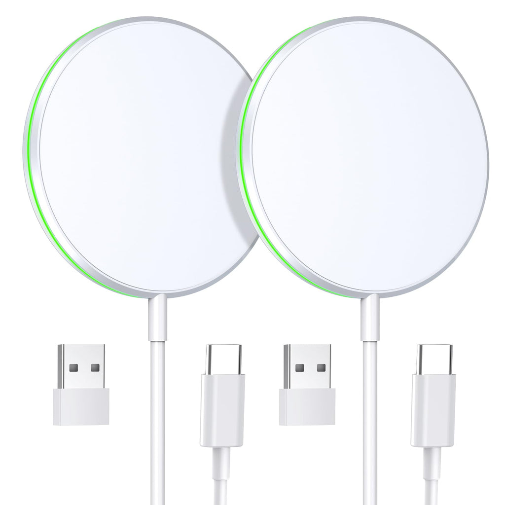 [Australia - AusPower] - 2 Pack Magnetic Wireless Charger 15W Fast Apple Mag-Safe Charger for iPhone 15/14/13/12 Series Magnet Charging Pad for AirPods 3/2/Pro with 5ft Dual Charging Port Cable 2 Pack Magnetic Wireless Charger-White 