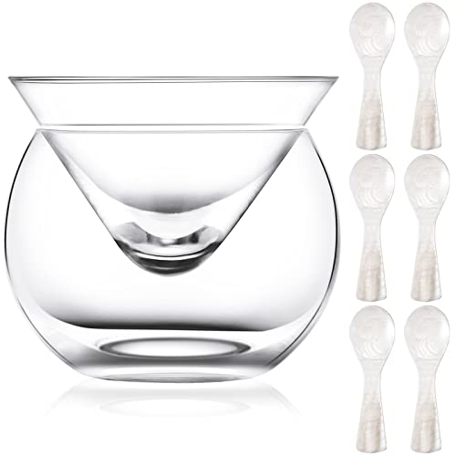 Sabary Glass Caviar Serving Set Plus 6 Pcs 3.2 Inch Mother of Pearl Spoons, Caviar Dish Chiller Server Set with Ice Holder and Spoon for Shrimp Ice Cream Sauce Martini, Wine, Dishwasher Safe