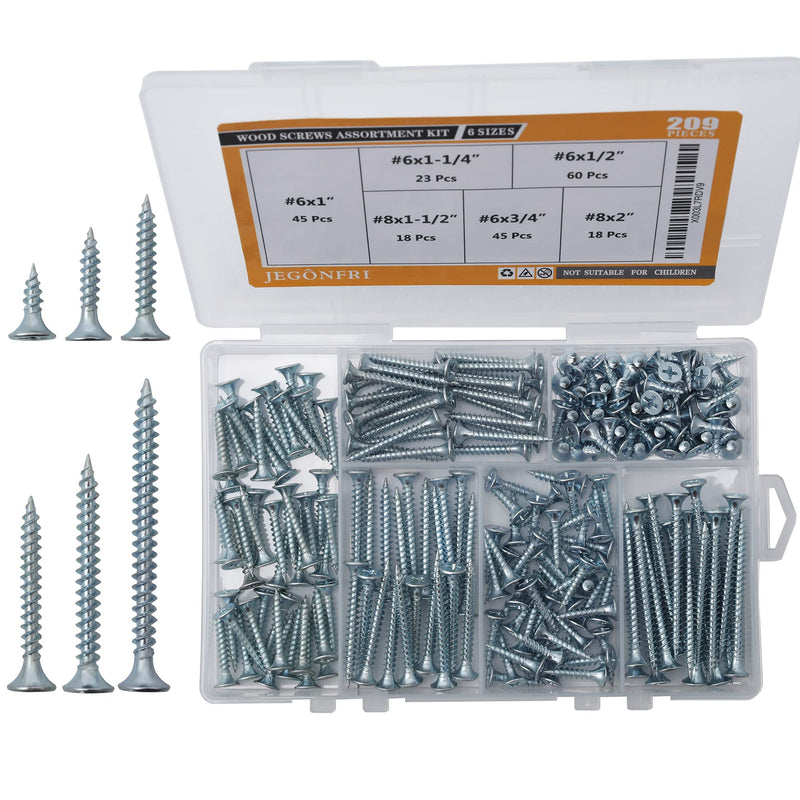 [Australia - AusPower] - High Hardness Wood Screws Assortment Kit, 209 pcs, Phillips Drive Flat Head, Wood Screws, Screws, Drywall Screws, Assorted Screws, Screws Set, 6 Sizes (2”,1-1/2”,1-1/4”,1”,3/4”,1/2”) 209 Screws 