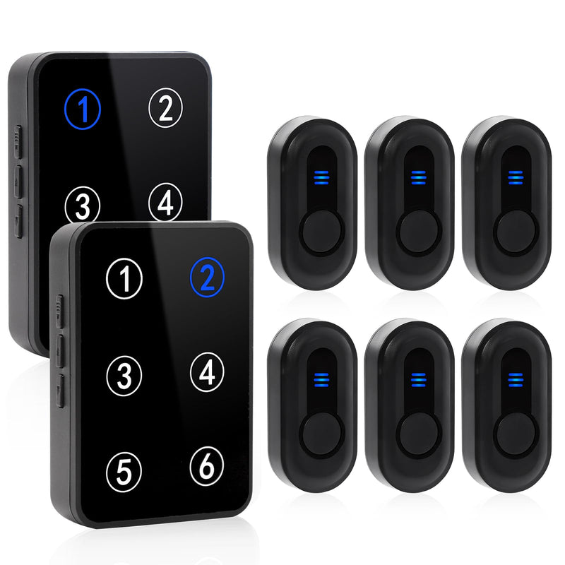 Wireless Caregiver Pager Call Button Nurse Call System 500Ft Range with LED Number Display for Elderly/Patient/Disabled at Home/Hospital/Clinic(6 Waterproof Call Button & 2 Receiver) Black 6+2