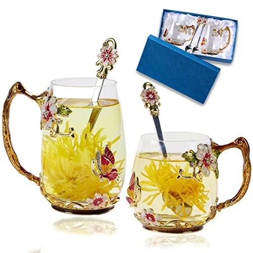 Tea Cup Glass Coffee Mugs,Fancy Tea Cup Set Birthday Christmas Valentine's Day Gift Idea for Tea Lover and Women Novelty Coffee Mugs Rose Flower Enamel Tea Cup Glass Mug with Spoon Red daisy butterfly