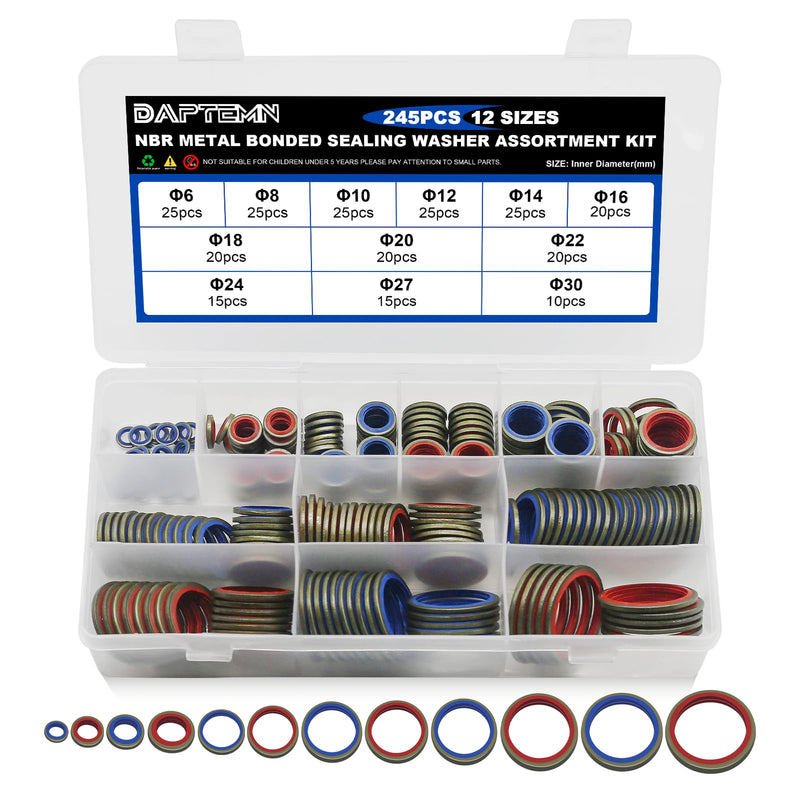 [Australia - AusPower] - 245pcs Bonded Seal Washer, NBR Metric Metal Automotive Sealing Washers Assortment Kit Self-Centred Sealing Rubber Gasket Combination Fit 12 Size M6 M8 M10 M12 M14 M16 M18 M20 M22 M24 M27 M30 245PCS Red & Blue Seal Washers 