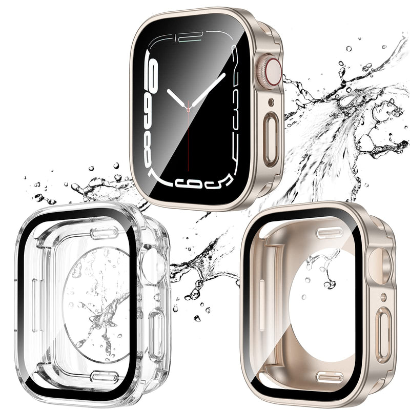 [Australia - AusPower] - 2 Pack 2 in 1 Waterproof Case for Apple Watch Series SE SE2 6 5 4 40mm, Straight Edge PC Front & Back Bumper with Tempered Glass Screen Protector 360 Protective Cover for iWatch 40mm, Starlight/Clear 