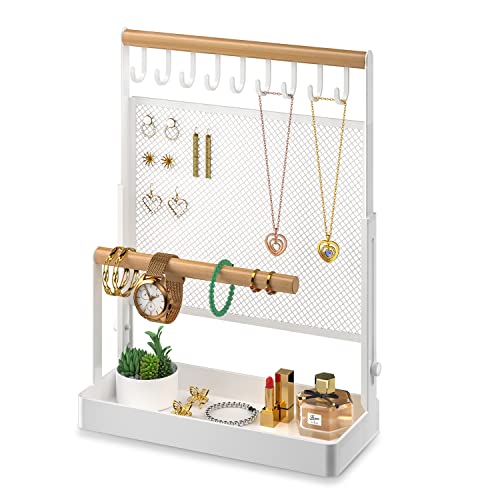 Jewelry Organizer Stand, Liftable Necklace Holder with Earring Organizer Net, 9 Hooks Necklaces Storage Wooden Handing Bar for Bracelets Watches Rings (White) White