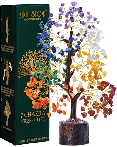 7 Chakra Tree of Life Crystal Tree - Gemstone Healing Tree for Positive Energy, Home Office Crystal Tree Decor, Chakra Crystal Tree Housewarming - Birthday Gifts for Women, Men, Mom, Sister, Friends 7 Chakra Tree Wooden Base 300 Beads