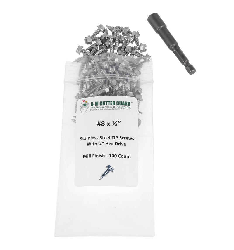 [Australia - AusPower] - A-M Gutter Guard - 1/2" #8 Stainless Steel Zip Screws - Self-Piercing Easy Start Tip - Mill Finish - 1/4" Slotted Hex Washer Head - Pack of 100 - Includes 1/4" Magnetic Hex Driver – For Gutter Install 