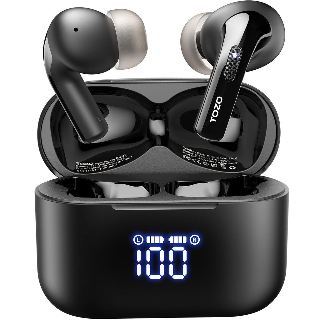 [Australia - AusPower] - TOZO T20 Wireless Earbuds Bluetooth Headphones 48.5 Hrs Playtime, IPX8 Waterproof, Dual Mic Call Noise Cancelling with Wireless Charging Case Black 