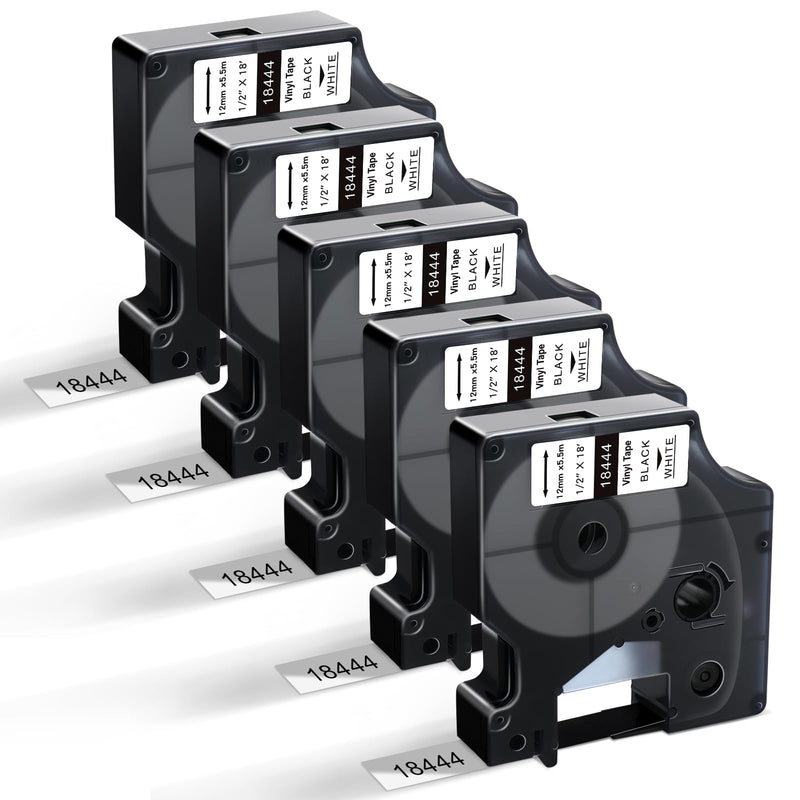 [Australia - AusPower] - 18444 Vinyl Label Tape Work with DYMO Rhino 4200 5200 Label Maker Replacement for Dymo 18444 Rhino Industrial Permanent Vinyl Industrial White 1/2" x18' Work with Rhino 5000 6000,5Packs Rhino Black on White 
