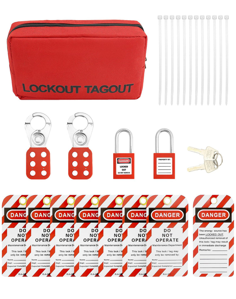 QWORK Lockout Tagout Kit with Hasps, Lockout Tags, Red Loto Locks, Two Padlocks with Keys, Electrical Lock Out Tag Out Kit for Electrical Lockout Applications