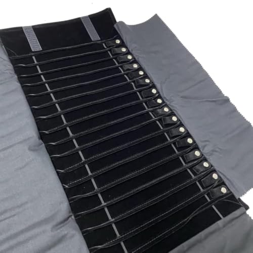 Black SCIKHEFT travel necklace organizer with 16 slots, tangle-free jewelry roll for convenient storage of necklaces and jewelry.