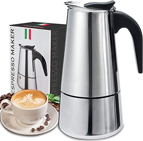 Coffee Pot, Stainless Steel Moka Pot Italian Coffee Maker 9 cup/15 OZ Stovetop Espresso Maker for Gas or Electric Ceramic Stovetop Camping Manual Cuban Coffee Percolator for Cappuccino or Latte Sliver（9cup/15oz）