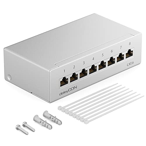 deleyCON CAT 6 Patch Panel Distribution Panel 8 Port 1 HE RJ45 - Light Grey | Desktop & wall mounting, shielded, 8x RJ45 socket, LAN network installation cable, TIA568A TIA568B, RAL 7035 Grey (RAL 7035 light grey)