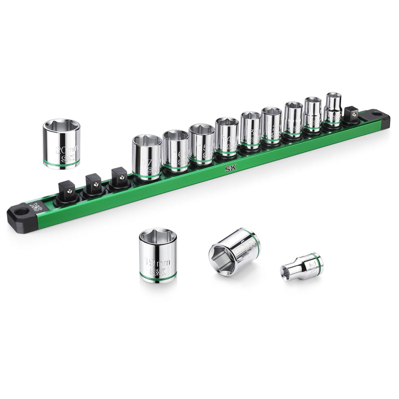 SK 3/8" Drive Socket Set, Metric Sockets, 13-Piece 8-20mm, SuperKrome Finish, Premium CR-V Construction, with Aluminum Socket Organizer Shallow