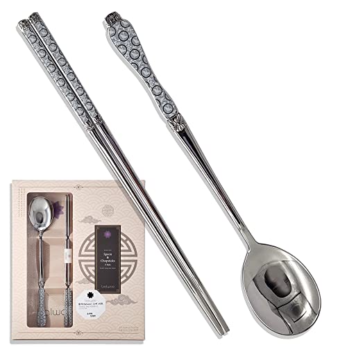 Goryeo Celadon Design Korean Table Sticky Rice Spoon and Chopsticks 430 Stainless Steel Glossy Surface Mukbang Cutlery (White, 5 Sets) White, 5 Sets