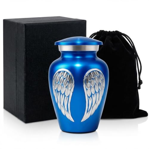 Small Urns for Human Ashes - Handheld Funeral Keepsake & Token Urn for Sharing Portions of Ashes - Blue Memorial Angel Wings Design to Honor a Loved One Small