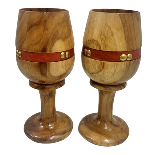 collectiblesBuy Vintage Wooden Wine Goblet Set of 2 with Leather Strap – Handmade Teak Wood Chalices Rustic Drinkware for Wine, Beer, Water & Bar Accessories