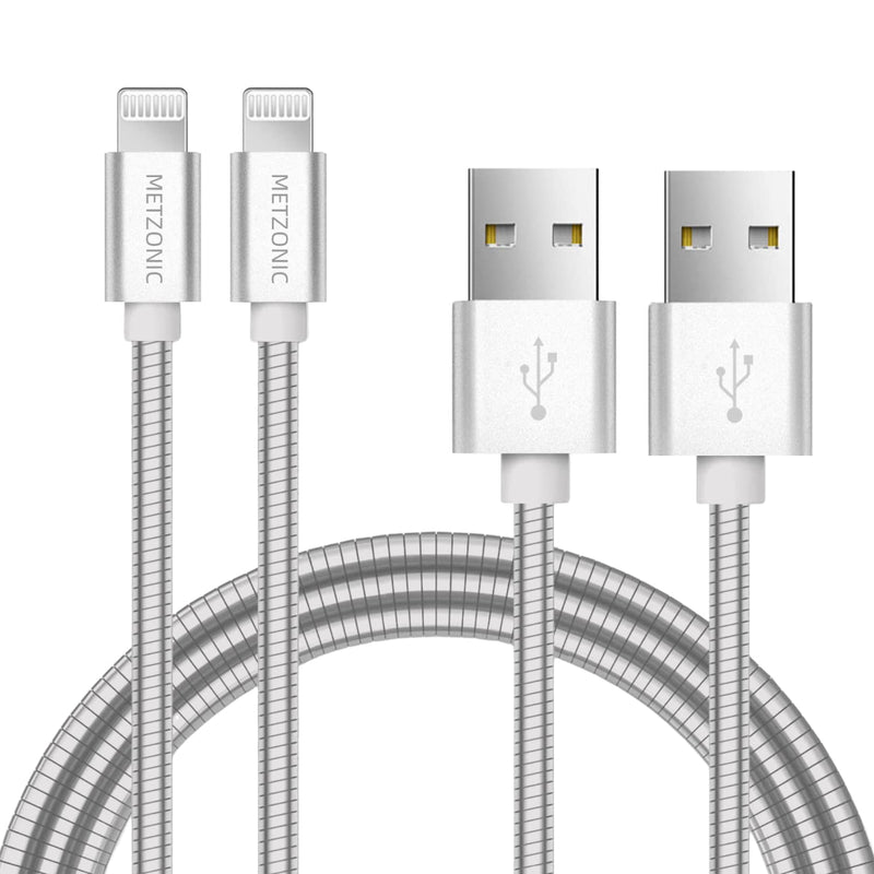 MFi Certified Charger Cable[2 Pack, 6.6 Feet] Metal Braided USB Cable with Insulation Coated Steel Jacket, Strong & Fast Charging Data Transfer Cord Compatible with iPhone/iPad 6.6FT Silver 2