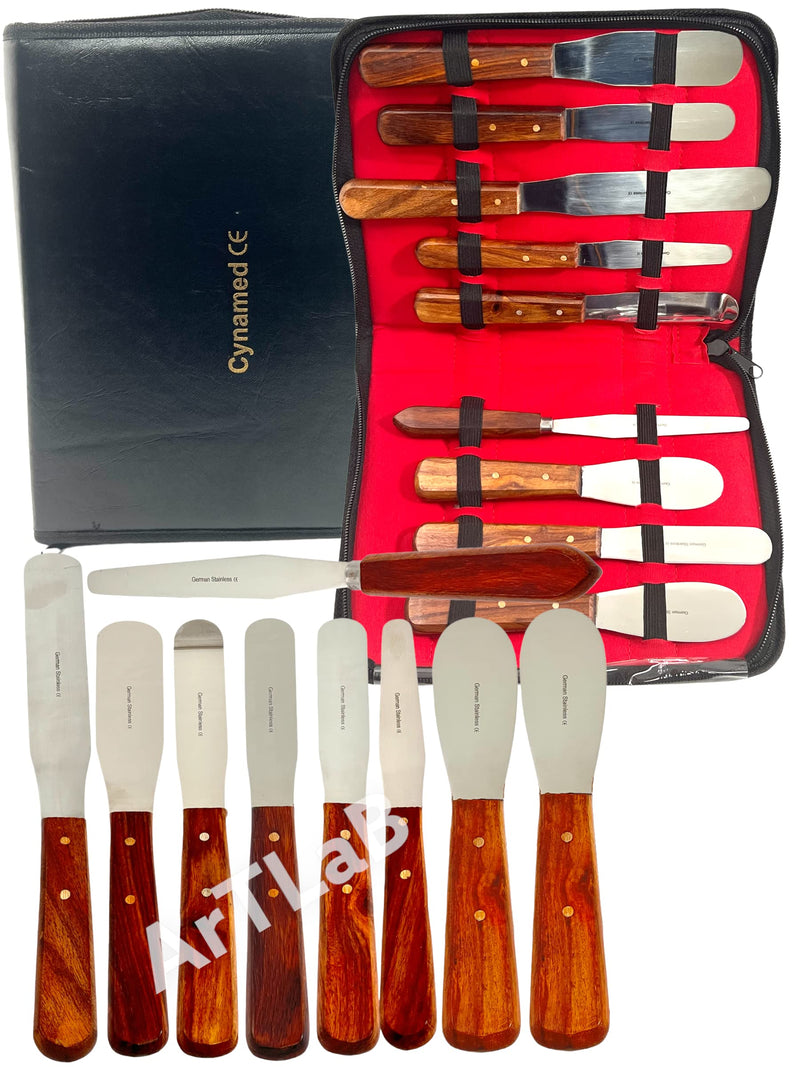 [Australia - AusPower] - ArTLaB Premium Stainless Steel Lab Spatulas with Wooden Handle Stainless Steel Blades Set of 9 -Dental Mixing Spatula Plastic Alignate Mixing Wooden Hanlde 