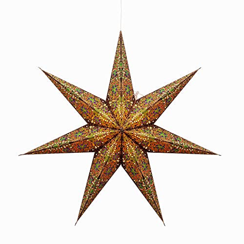 Artschatz Cathedral Paper Lantern Star Light - 7 Point Ø 24 inch - Brown/Green with red/Blue Tissue Inlay