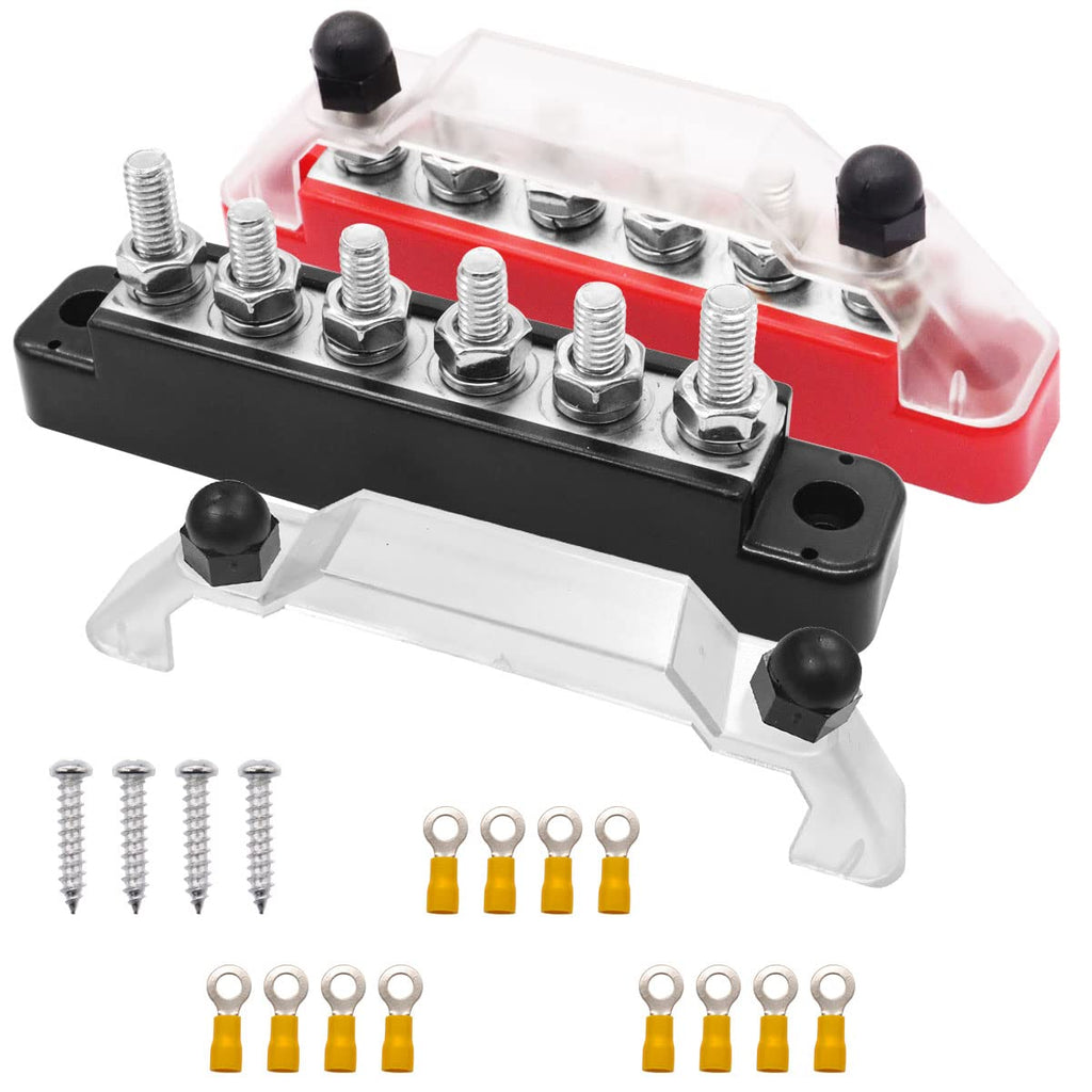 [Australia - AusPower] - (Red+Black) Power Distribution Terminal Block with Cover with 6 x 1/4” (M6) Post,Battery 12V Bus Bar with Ring Terminals for Car Boat Marine O-078-mini 150A 6 x 1/4" (M6)-mini 