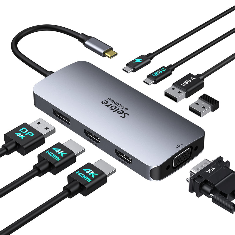 [Australia - AusPower] - USB C Docking Station Dual HDMI Monitor Adapter, Selore USB C Hub 3 Monitors Adapter with Dual HDMI, Displayport, VGA, 100W PD Charging, 2USB A 2.0,USB C 2.0 Ports Adapter for Dell XPS,HP, Lenovo,etc Gray+PD 