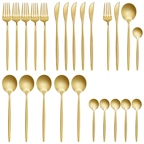 Gold stainless steel 24-piece flatware set with knives, forks, and spoons for six, ideal for home dinnerware and serving.