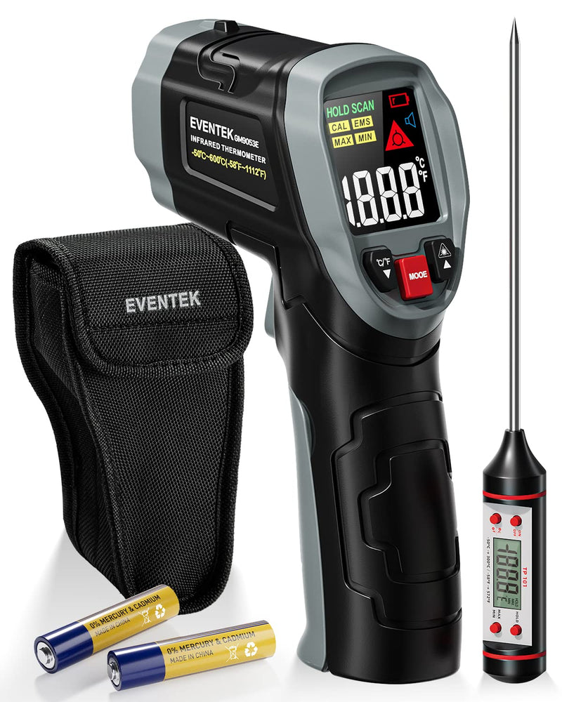 [Australia - AusPower] - Eventek Infrared Thermometer Gun, [3 in 1] -58°F~1112°F (-50°C~600°C) Digital Laser Temperature Gun for Cooking, Pizza Oven, Grill & Engine with Adjustable Emissivity, Meat Thermometer & Bag Included 