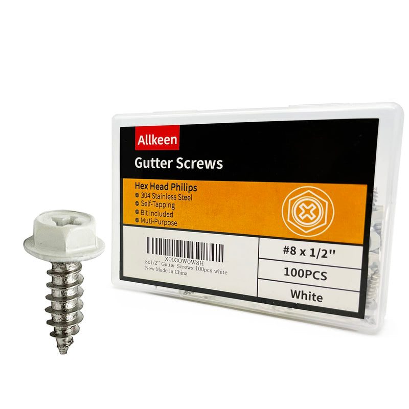 [Australia - AusPower] - White Painted Self Tapping Gutter Screws #8 x 1/2" Hex Head Downspout Sheet Metal Screws, 100 Pieces 