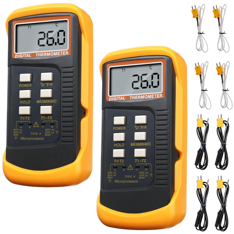 [Australia - AusPower] - 2 Pcs Digital 2 Channels K Type Thermometer with 8 Thermocouples (Wire and Stainless Steel) -50 to 1300°C (-58 to 2372°F) Dual Measurement Meter Sensor HVAC Thermometer High Temperature Pyrometer 