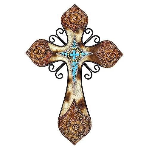 AMAJY Rustic Western Style Cowhide Faux Tooled Leather Wall Cross with Turqoise Center Piece and Floral Embossed Design Spiritual Wall art Southwest Decor