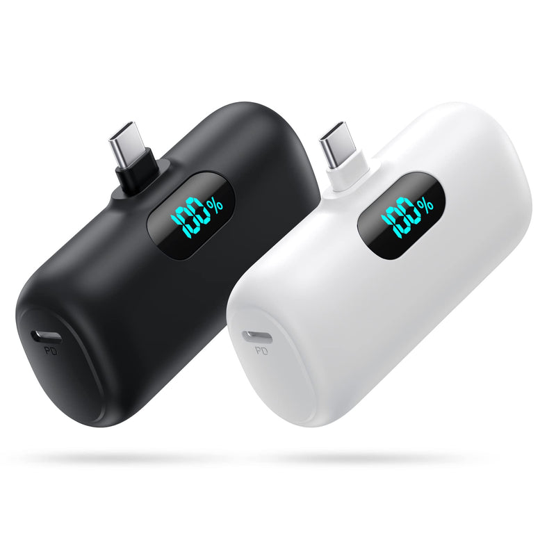 [Australia - AusPower] - [2-Pack] Mini Portable Charger 5000mAh Power Bank, 3A PD USB C Cell Phone Portable Power, LCD Display Battery Pack Compatible with iPhone 15/15 plus/15 pro/15 pro Max/Android phone/Samsung/Moto/LG etc A-black+white 