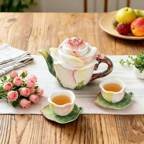 Ceramic Mini Rose Tea Pot Set, 3D Hand-painted Flower Cup and Leaves Saucer, Set of 5