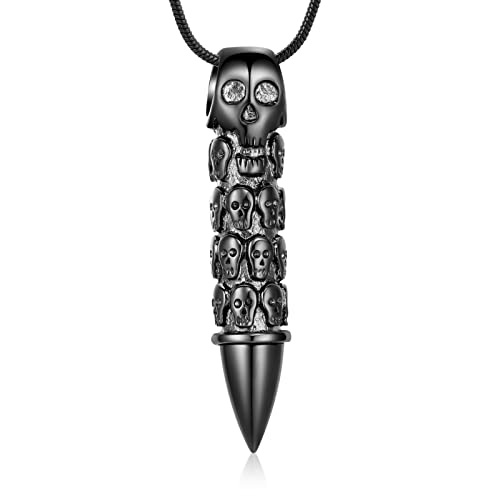 XSMZB Urn Necklaces for Ashes Bullet Container Pendant Stainless Steel Keepsake Holder Ashes for Pet Human Memorial Cremation Jewelry for Men Women Skull Bullet-Black