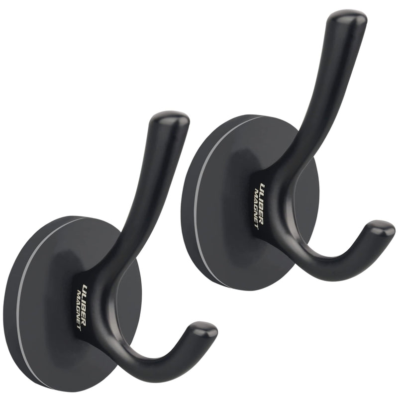 [Australia - AusPower] - ULIBERMAGNET Strong Magnetic Double Hooks, 2 Pack Heavy Duty Sturdy Coat Magnetic Hooks, Rubber Magnets Large Hooks for Coat Robe Towel Key Hat (Black) Black 