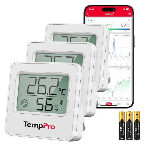 ThermoPro TP357-3 80 m Bluetooth Hygrometer Indoor Set of 3 Room Thermometer Digital with App Mini Thermometer for Indoor Use with Smiley Indicator Data Graphic for Indoor, Office, Wine Cellar, | Bluetooth Humidity Meter up to 80 m, Comfort Display, ±0...