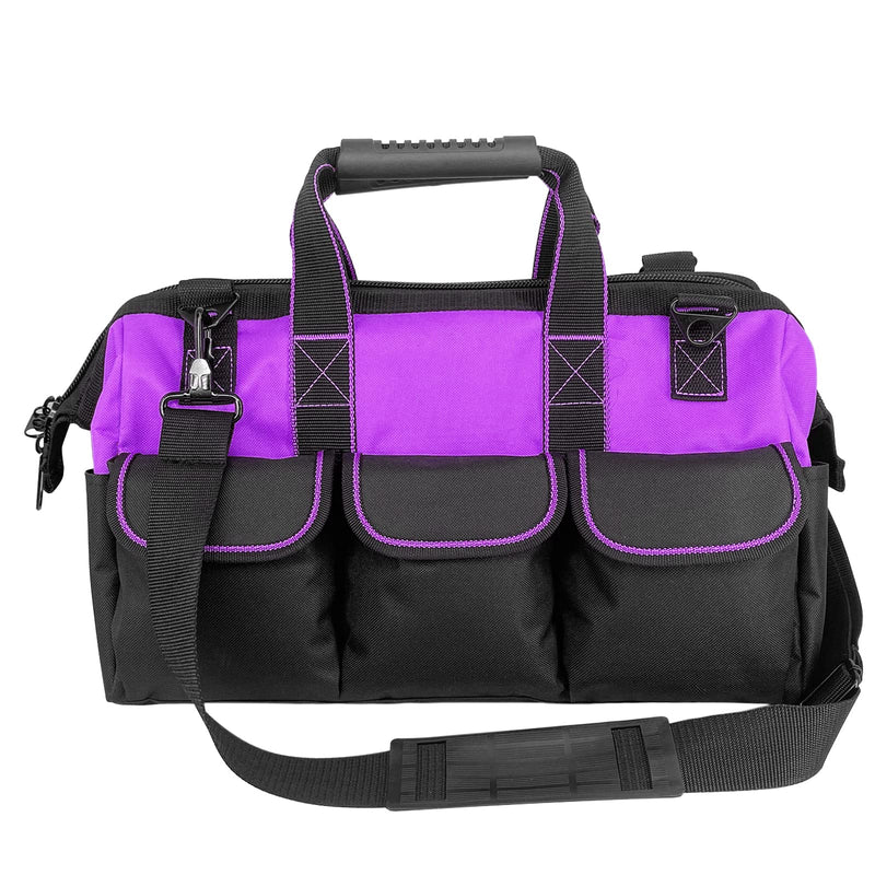 Garden Tools Bag 16 inch Wide Mouth Tool Bag with Molded Base Tool Tote for Women, Heavy Duty,600D polyester fabric (Purple color) Purple color