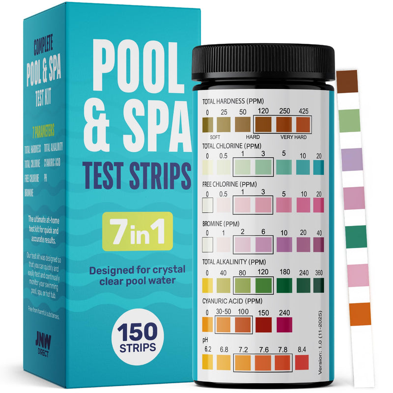 JNW 7-in-1 Pool Test Strips, 150 Quick & Accurate Test Strips for Pool Water, Spa Test Strips for Hot Tub, Chlorine Test Strips, Bromine, pH, Alkalinity, Hardness & More - Swimming Pool Test Kit 150 STRIPS - 7 IN 1 POOL TEST STRIPS