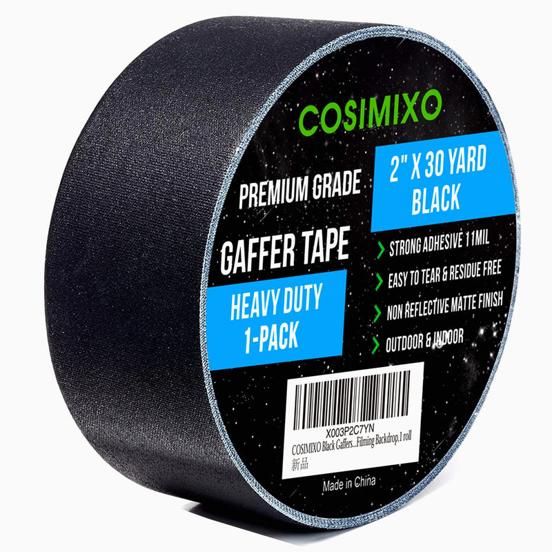 COSIMIXO Black Gaffers Tape 30 Yards x 2 Inch x 11Mil- Waterproof, No Residue, Non-Reflective, Easy Tear, Matte Gaffer Stage Tape - Gaff Cloth Tape for Photography, Filming Backdrop,1 roll 1