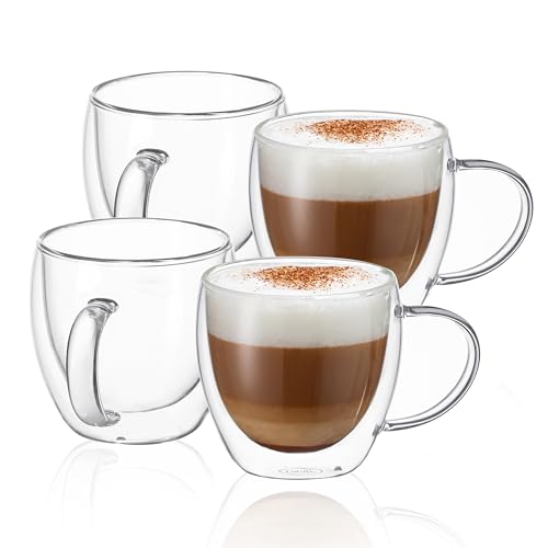 CNGLASS 8.5oz Glass Coffee Mug,Double Wall Insulated Glass Mugs with Handle,Clear Espresso Mugs for Latte,Cappuccino,Tea Bag,Set of 4 8.5oz(4-pack)