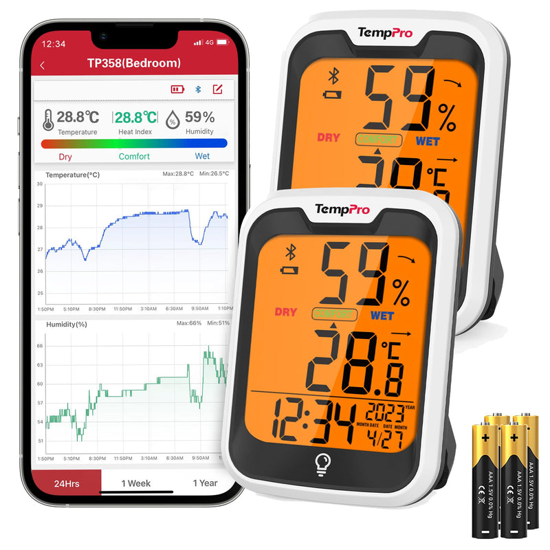 TempPro Bluetooth Thermo-Hygrometer with Clock Date Hygrometer Indoor App | Humidity Meter Bluetooth 80m Room Thermometer with Trend Arrows Comfort Indicator -20-60°C 2 Pieces (Ex-ThermoPro) 2 pieces