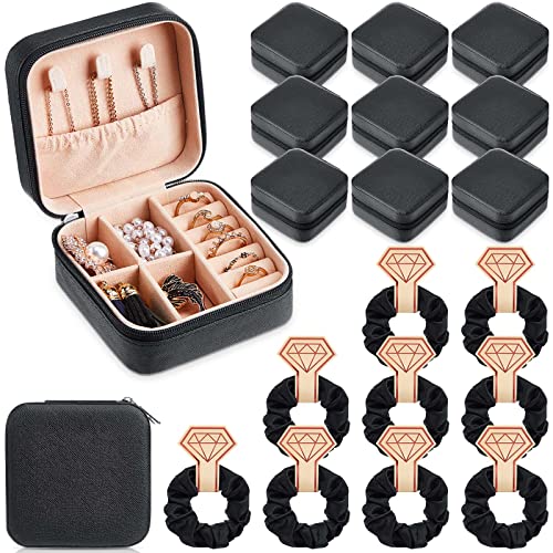 Yinkin 9 Pcs Travel Jewelry Case Boxes Small Jewelry Travel Mini Organizer with 9 Pcs Hair Scrunchies, Bridesmaid Women Girls Earring Ring Storage Gift(Black) Black