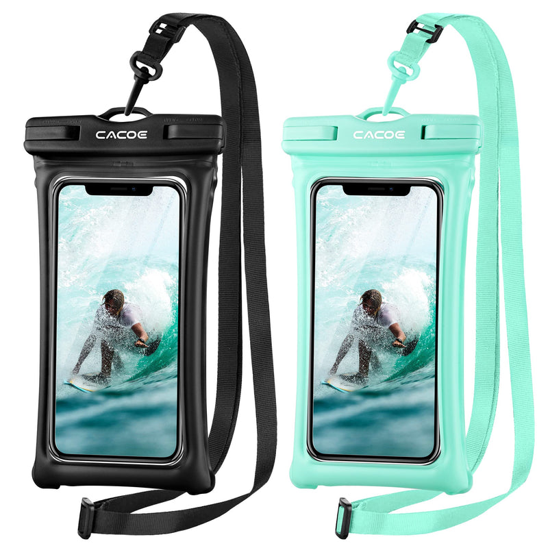 [Australia - AusPower] - [Floatable]CACOE Floating Universal IPX8 Waterproof Phone case 2 Pack-Up to 7.0",Adjustable Neck Lanyard Phone Pouch,Phone Dry Bags for Vacation Beach Pool Kayak Cruise Travel Essentials（Black+Green） Black+Green Up to 7.0"-Floatable 