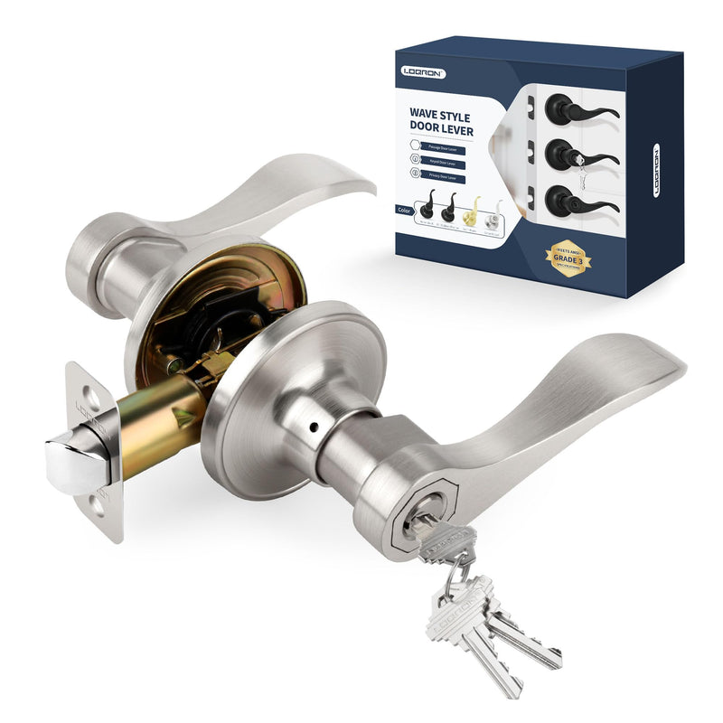 Wave Style Door Lever Keyed Entry Door Handle with Lock, Entrance Lever Reversible for Left/Right Handed for Office or Front Door with Satin Nickel Finish, 1 Pack Keyed Entry (With Lock & keys)