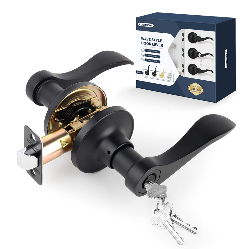 Wave Style Door Lever Keyed Entry Door Handle with Lock, Entrance Lever Reversible for Left/Right Handed for Office or Front Door with Matte Black, 1 Pack