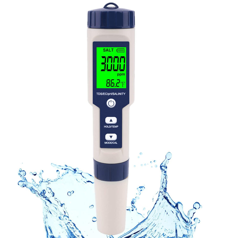 [Australia - AusPower] - Pool Salt Tester & PH Meter, Hofun Digital Salinity Meter and PH Tester for Pool Saltwater and Drinking Water, 5 in 1 Salinity PH Temp EC and TDS Meter Swimming Pool Hot Tub Spas, High Accuracy 