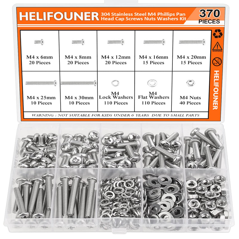 [Australia - AusPower] - 370 Pieces M4 x 6mm /8mm /12mm /16mm /20mm/25mm /30mm, Phillips Pan Head Machine Screws, Metric Screws Bolts Washers Nuts Kit, 304 Stainless Steel 