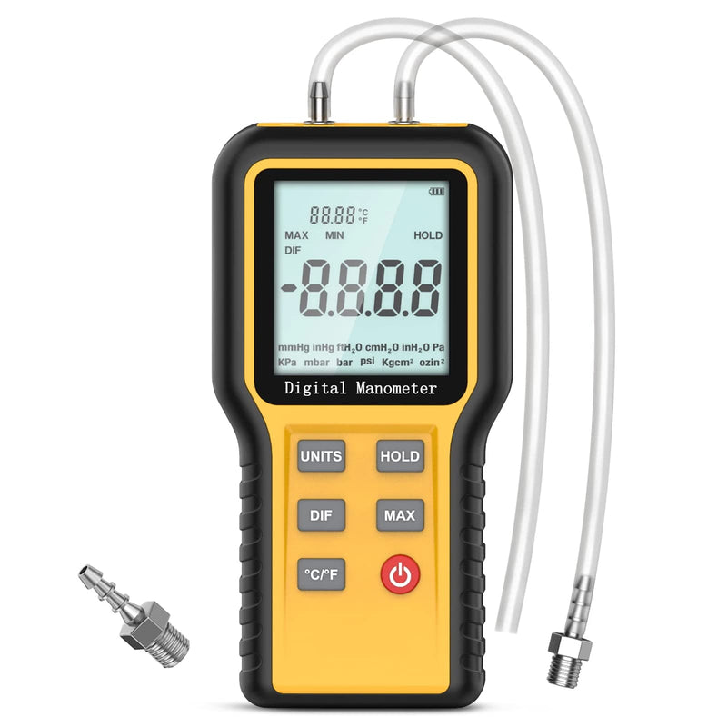 [Australia - AusPower] - Manometer Gas Pressure Tester, Digital HVAC Manometer Dual-Port Air Pressure Meter with Backlight and Data Record Function, Professional Differential Pressure Gauge with 12 Measure Units 